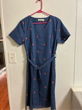 Women's Navy Blue Orange Polka Dot Tie-Waist Dress M (4) See measurements